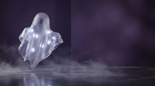 A glowing translucent ghost figure floating above a dark reflective surface in a mysterious and moody purple atmospheric setting