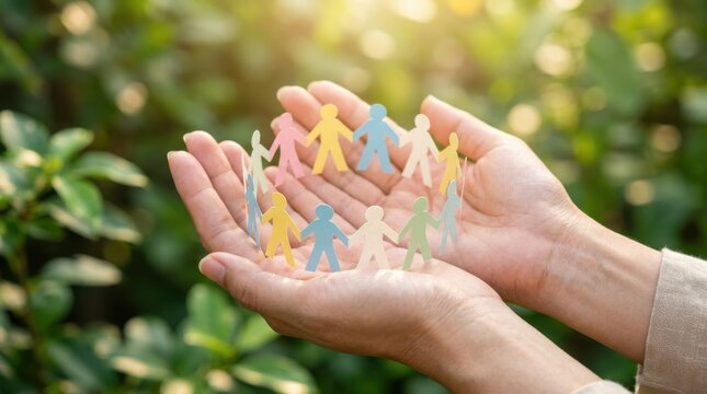 Hands holding colorful paper cutout human figures against sunlit green foliage background