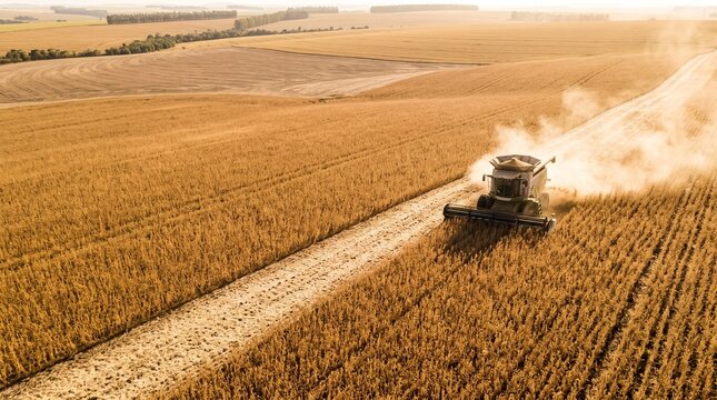 Aerial view of a modern combine harvester working in a vast golden field during the harvest season
