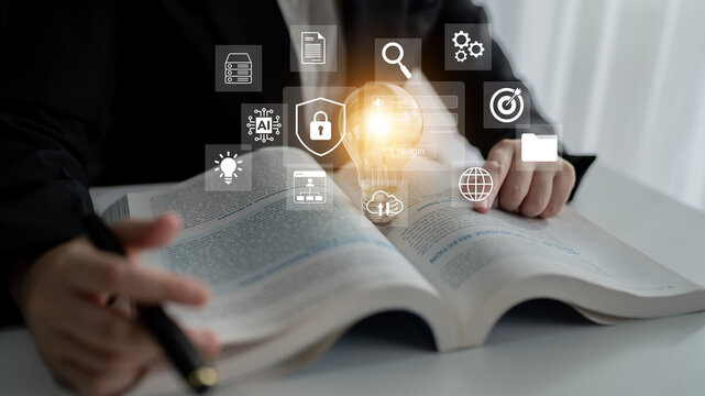 Individual engaging with a book while digital icons symbolize concepts like innovation and research, illustrating the fusion of traditional knowledge and modern technology. Gantry
