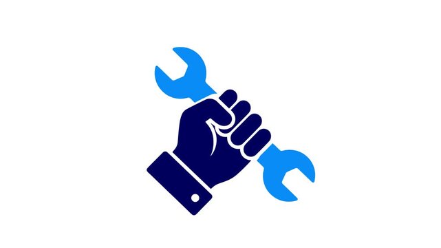 Repair maintenance service icon animation video wrench tool hand symbol mechanical support equipment fixing workshop blue flat design illustration graphic