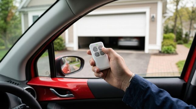 Man using garage door opener remote while sitting in car interior with rearview mirror visible