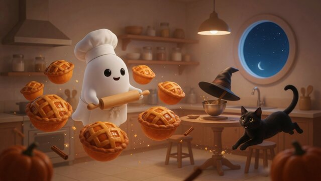 A cute white ghost wearing a chefs hat baking pumpkin muffins in a cozy kitchen with a black cat for halloween