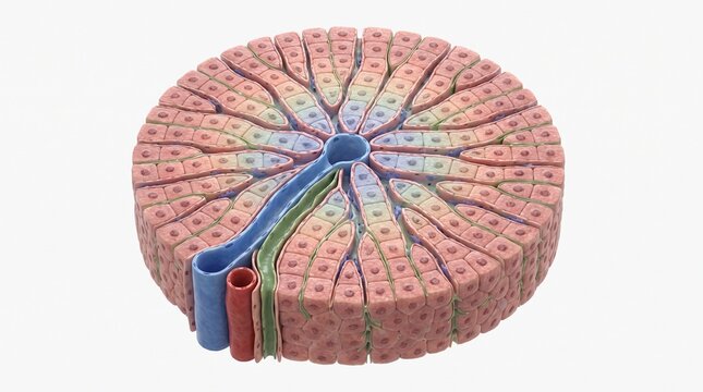 Detailed 3D medical illustration of human liver lobule microscopic anatomy and cellular