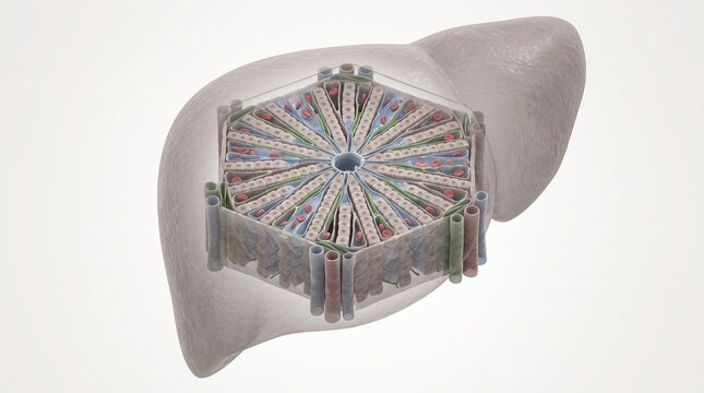 Vector illustration of human liver anatomical cross section highlighting a single lobule
