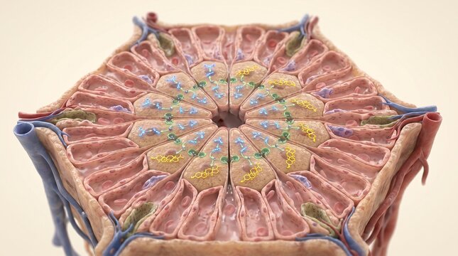 Detailed vector illustration of human liver lobule microscopic cellular structure with internal