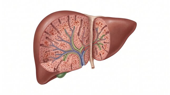Cross section vector illustration showing internal human liver anatomy and lobules