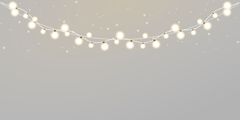 Fototapeta premium White light string garland glowing bulbs overlay for holiday festive decoration.