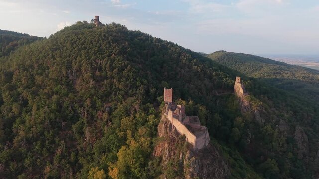 Medieval ruins of the three castles of Ribeauville perched on a rocky ridge. Aerial view of Saint Ulrich, Girsberg and Haut Ribeaupierre