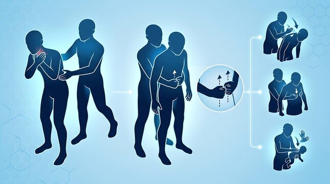Diagram showing heimlich maneuver and first aid steps for choking