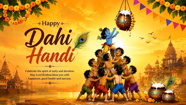 Happy dahi handi festival celebration banner with human pyramid illustration