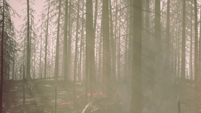 Smoke rises between the tall trees in a forest where a wildfire is occurring in the early evening. The air is thick with haze and a glow can be seen through the smoke.