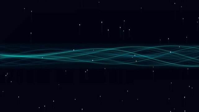 Abstract Glowing Cyan Sine Wave Motion Background Loop, Dynamic Fiber Optic Waves with Floating Particles for Tech, Data & VJ Visuals