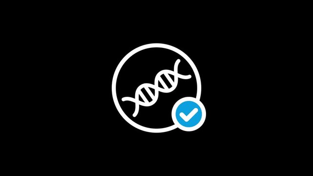 DNA verification icon with check mark symbol representing genetic testing, approved research, biotechnology, healthcare screening, genome analysis, and secure molecular data management concepts.