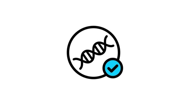 DNA verification icon with check mark symbol representing genetic testing, approved research, biotechnology, healthcare screening, genome analysis, and secure molecular data management concepts.