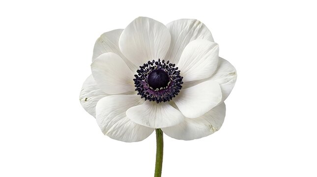 White anemone flower with dark purple center stamen isolated on white background isolated background botanical perennial decorative graphics