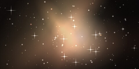 Glowing golden nebula in dark deep space with sparkling stars, shining cosmic dust and bright starbursts, abstract universe background © Trendy_Desing