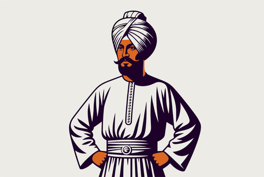 Proud sikh man wearing a white traditional dastar turban and robes standing with hands on waist vector portrait.