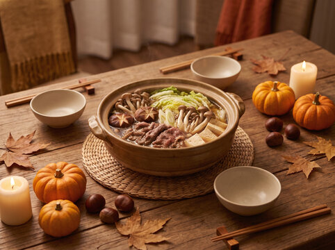 Autumn hot pot dinner table with ceramic nabe pot, seasonal vegetables and warm candlelight