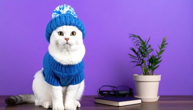 White cat wearing blue knitted hat and sweater.