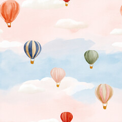 Obraz premium Pastel Hot Air Balloon and Cloud Seamless Pattern