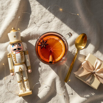 Top View of Spiced Citrus Drink in Glass Mug beside White Nutcracker and Silk Ribbon Gift Box on Cream Linen Surface