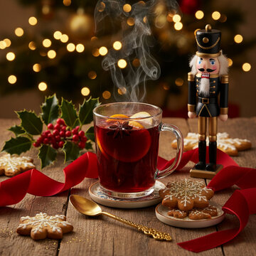 Steaming Mulled Wine Glass Mug with Dark Iced Snowflake Cookies, Black Nutcracker and Red Ribbon on Rustic Wood Table