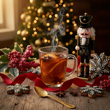 Steaming Hot Mulled Wine Glass with Red Ribbon, Snowflake Cookies and Black Golden Nutcracker on Weathered Wood Surface