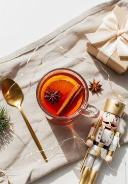 Flat Lay Top View of Hot Mulled Wine Glass with Cinnamon Stick, White Gold Nutcracker and Gift Box on Linen Tablecloth
