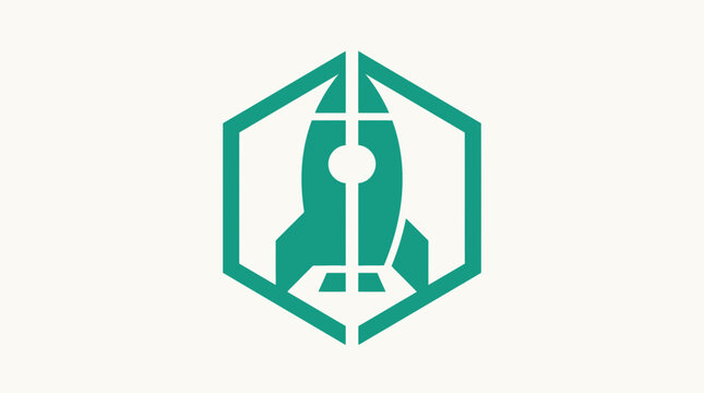 Green rocket ship inside a hexagonal frame logo