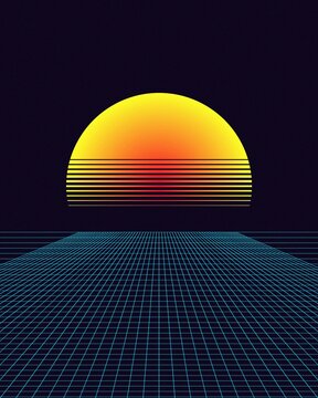 Synthwave digital art sunset with neon grid horizon and retro futuristic vibe for tech backgrounds