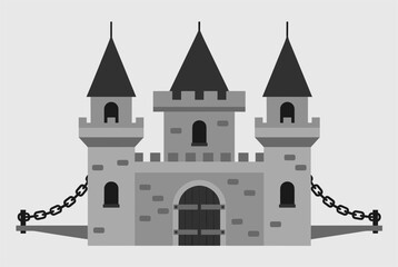 Fototapeta premium Symmetrical medieval fortress castle with tall stone towers and a secured wooden drawbridge shown in grayscale.