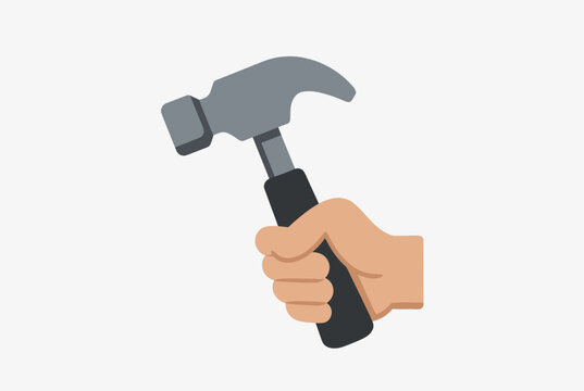 Male hand holding a silver claw hammer with a black rubber grip handle isolated on a plain white background.