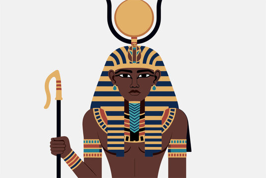 Ancient Egyptian pharaoh or deity stands holding a ceremonial scepter while wearing a magnificent golden sun disk.