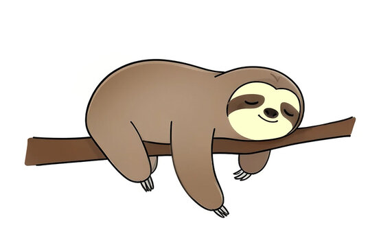 Sloth lies on a branch. Tired lazy animal lies on branch, sloth sleeps and dreams. Design element for postcards. Cartoon minimalism