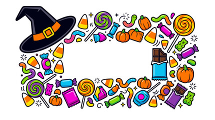 Fototapeta premium Halloween witch hat surrounded by assorted candies and pumpkins