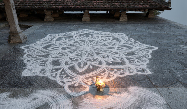 White Kolam Rangoli Mandala with Brass Oil Lamp at Temple
