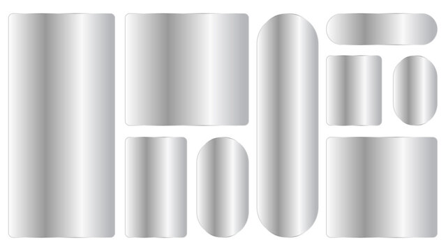 Set of metallic silver banners and buttons with rounded corners, glossy chrome plates for web design, vector illustration