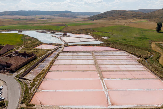Pink salt pond in rural Salinas de Imon, Guadalajara