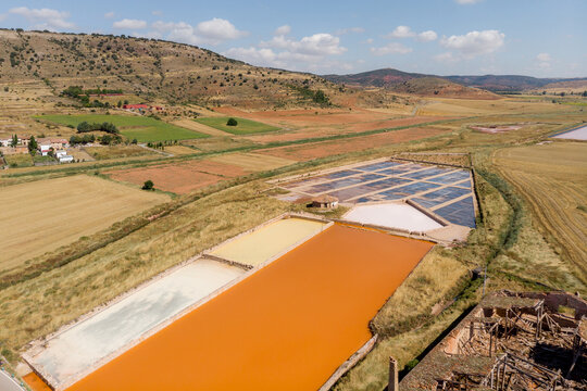 Aerial view of salt pond in rural Salinas de Imon