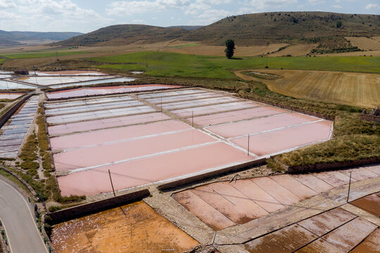 Pink salt evaporation pond in Salinas de Imon, Guadalajara