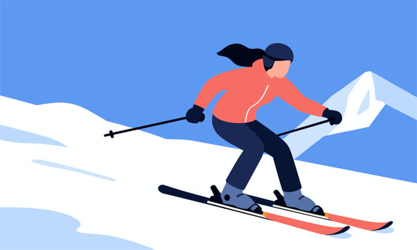 Active woman in a red jacket skiing down a snowy mountain slope with ski poles in a beautiful winter landscape.