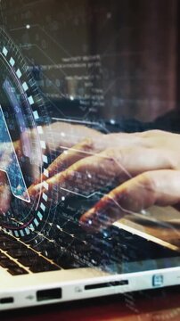 Typing on laptop with artificial intelligence grap