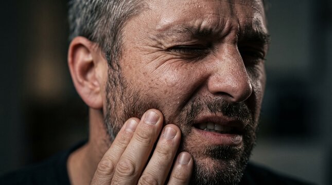 Middle-aged man suffering from severe toothache or jaw pain holding his cheek with hand in dental distress