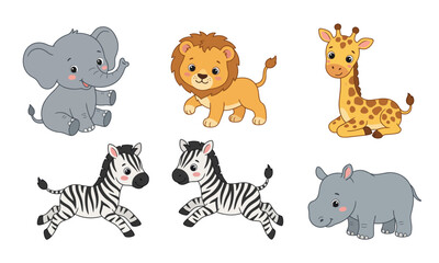Fototapeta premium Colorful cartoon animals group including zebra, dog, lion, giraffe, and hippopotamus isolated on transparent background, isolated on white background, Vector Cute animal cartoon design editable new e