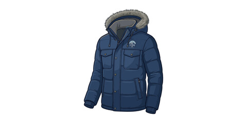 Navy blue puffer jacket with faux fur hood, isolated on a white background, winter coat © Sojib Patuary