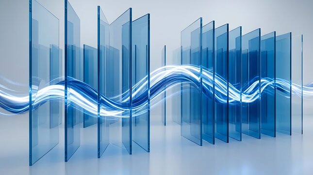Abstract background with blue glass panels and flowing light waves