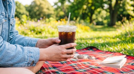 Fototapeta premium A person holds a cold coffee drink in a park setting. Concept: outdoor leisure, coffee enjoyment, summer vibes, International Coffee Day celebration, lifestyle imagery. Generative AI.
