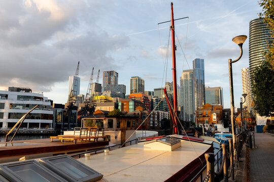Millwall Dock and Canary Wharf skyline in London