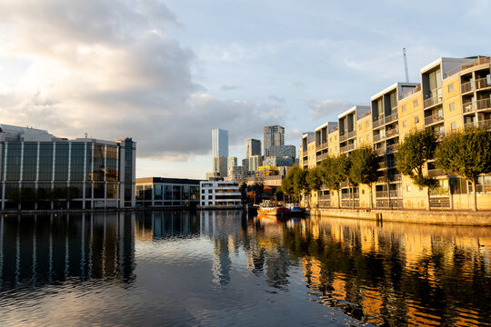 Millwall Dock waterfront at Canary Wharf in London, England